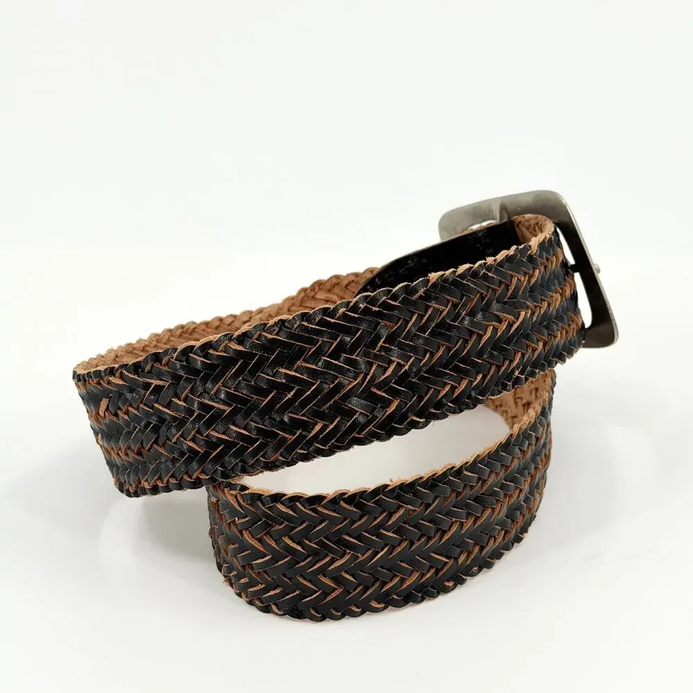 Vintage 90s Black Tan Genuine Leather Boho Western Woven Braided Belt